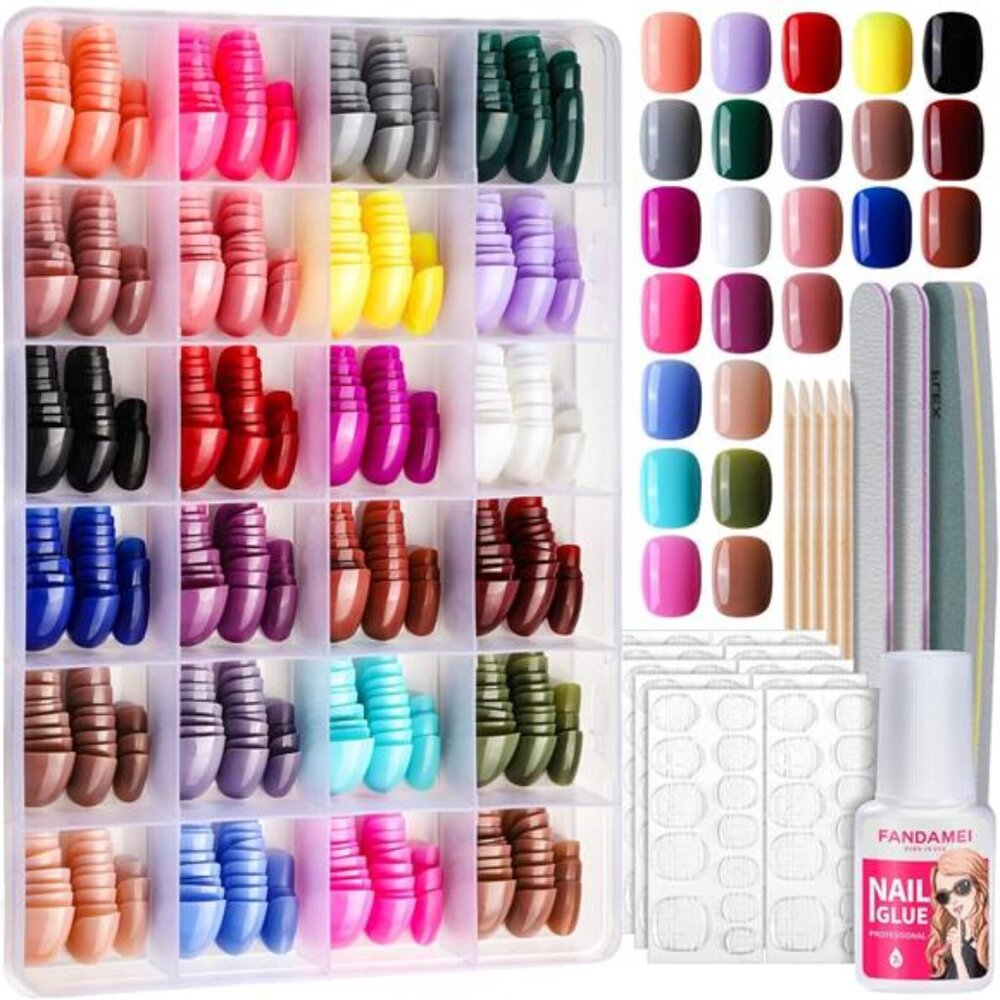 FANDAMEI Press on Nails Short, 24 Packs 576PCS Small Short Round Press on